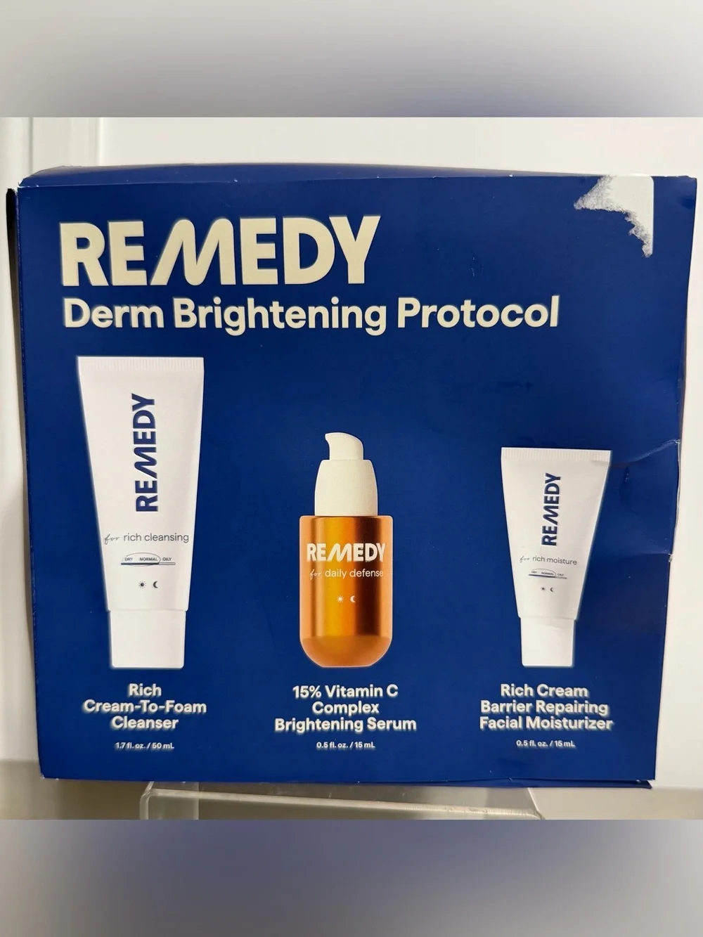 REMEDY Derm Brightening 3-Piece Skincare Kit ~ Cleanser Serum Moisturizer ~ NIB